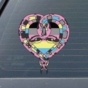 May include: Two snakes intertwined in a heart shape, with the colors of the pansexual pride flag. The snakes are pink, blue, yellow, and black.