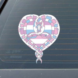 May include: Two pink and blue snakes intertwined in a heart shape, with a transgender pride flag pattern in the center.