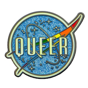 Space Queer, Glitter and Glow In The Dark LGBT Gay Pride 1.75&quot; Enamel Pin - Perfect Gift