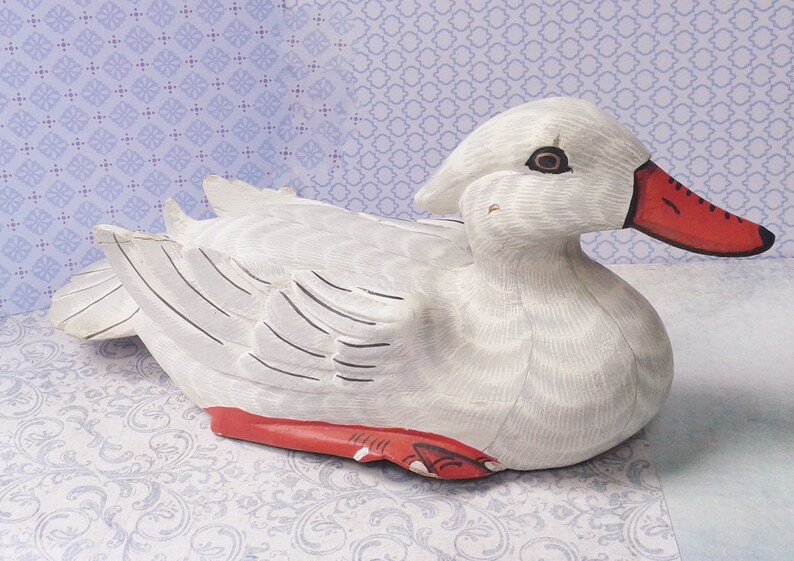 Vintage Wooden Duck Decoration White Light Grey Etsy