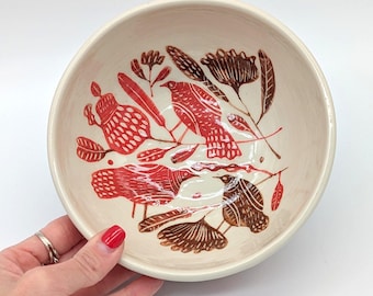 Handmade Ceramic Soup Bowl – Sgraffito Bird & Floral Design, 500ml / 17oz, Ukrainian Pottery, Folk Art Kitchenware