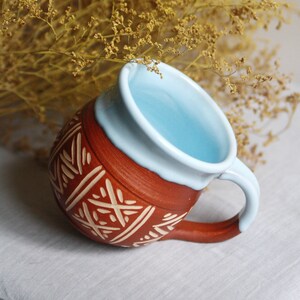Ceramic mug handmade 12 oz Vyshyvanka Coffee mug pottery Blue ceramic mug Unique mug Pottery mug handmade Rustic mug Ukrainian ceramic cup image 1