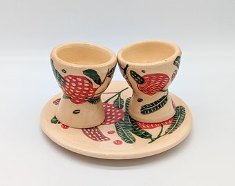 Set of 2 Ceramic Egg Stands & Saucer in Beige - Ukrainian Handmade Decor, Red Pattern Detail, Ukrainian gift, Egg Stand Set
