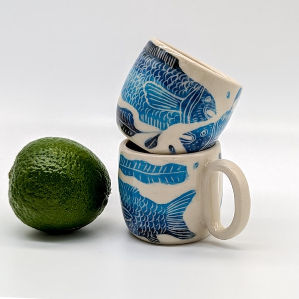 Coffee mug pottery 6 oz/3 oz Fish drawing, Cappuccino cup&Espresso cup, Sgraffito ceramic, Gift for her Pottery gift for Coffee lovers