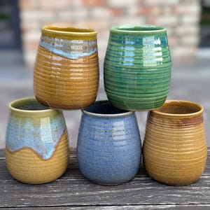 Labor Day Gift – Set of 5 Handmade Ceramic Tumblers, Pastel Cups No Handle, Rustic Drinkware from Ukraine, Artisan Pottery