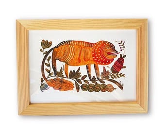 Framed Folk Art Print – Lion Illustration by Ukrainian Artist Yulia Dunaieva (14.7×21 cm)
