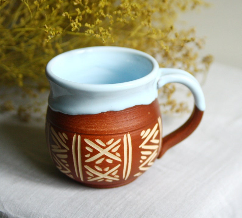 Ceramic mug handmade 12 oz Vyshyvanka Coffee mug pottery Blue ceramic mug Unique mug Pottery mug handmade Rustic mug Ukrainian ceramic cup image 2