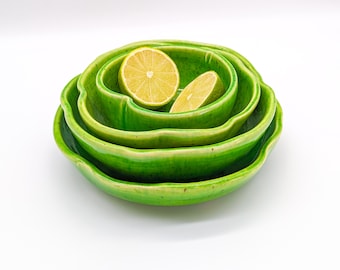 Handmade Ceramic Bowl Set (4): Green Rustic Kitchen Pottery, Artisan Gift