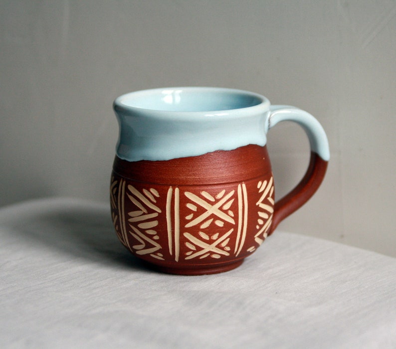 Ceramic mug handmade 12 oz Vyshyvanka Coffee mug pottery Blue ceramic mug Unique mug Pottery mug handmade Rustic mug Ukrainian ceramic cup image 3