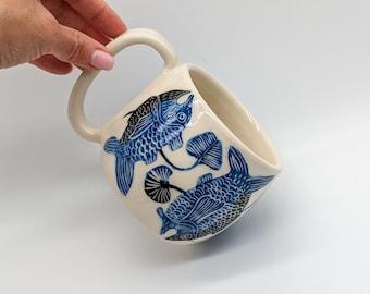 Handmade Ceramic Mug – Fish Pattern, 12 oz Sgraffito Mug Pottery, Gift for Fishing Dad from Ukraine