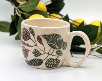 Handmade Ceramic Mug – Bird & Plant Design, 10 oz Pottery Cup, Ukrainian Folk Art Gift from Ukraine
