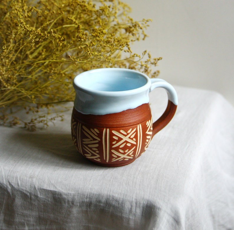 Ceramic mug handmade 12 oz Vyshyvanka Coffee mug pottery Blue ceramic mug Unique mug Pottery mug handmade Rustic mug Ukrainian ceramic cup image 6