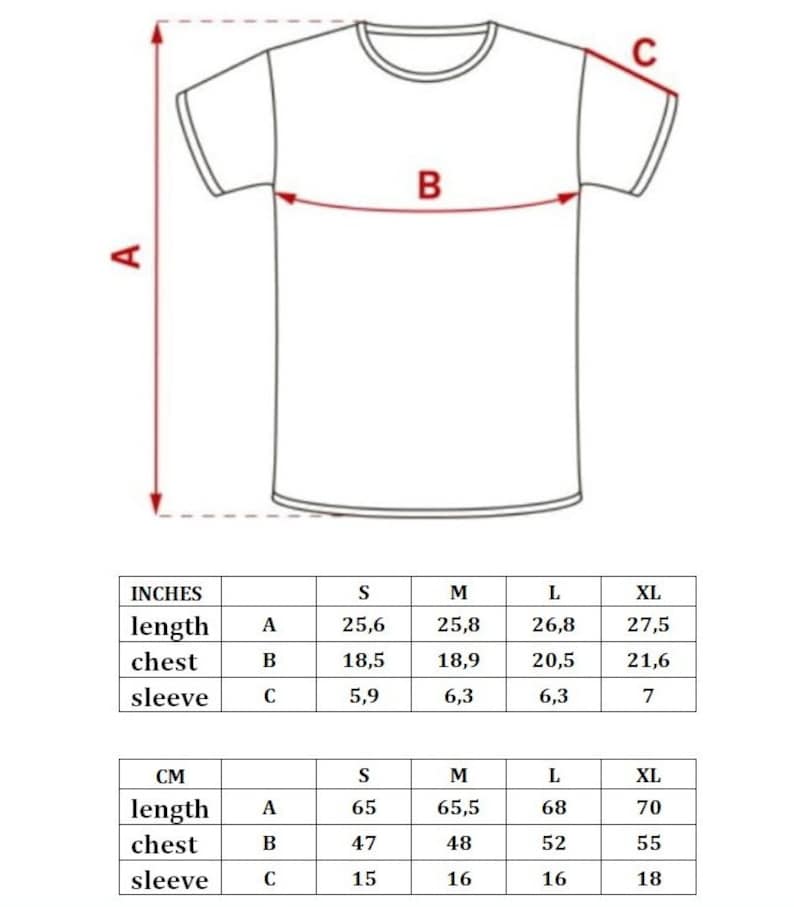 Op de afbeelding: Maattabel voor een T-shirt in inches en centimeters. De tabel toont de lengte-, borst- en mouwlengte voor de maten S, M, L en XL.