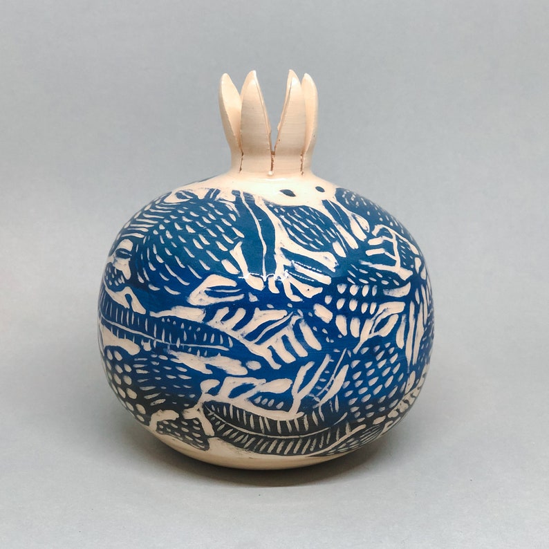 Ceramic pomegranate 11 cm Sgraffito Hand painted Made in Ukraine Ceramic sculpture image 2