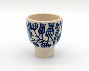 Handmade Ceramic Liqueur Cup: Blue Sgraffito Bird Design goblet