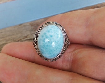 silver beaded design ring ladies larimar jewellery gift. stunning colour Solid Sterling silver Larimar ring