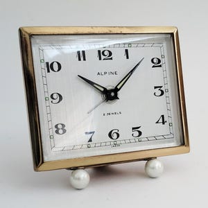 Vintage "ALPINE" Bedside Desk Clock 2 Jewels Brass & Pearls Retro Mid Century Birthday Housewarming Present Brass Clock Timepiece Film Props