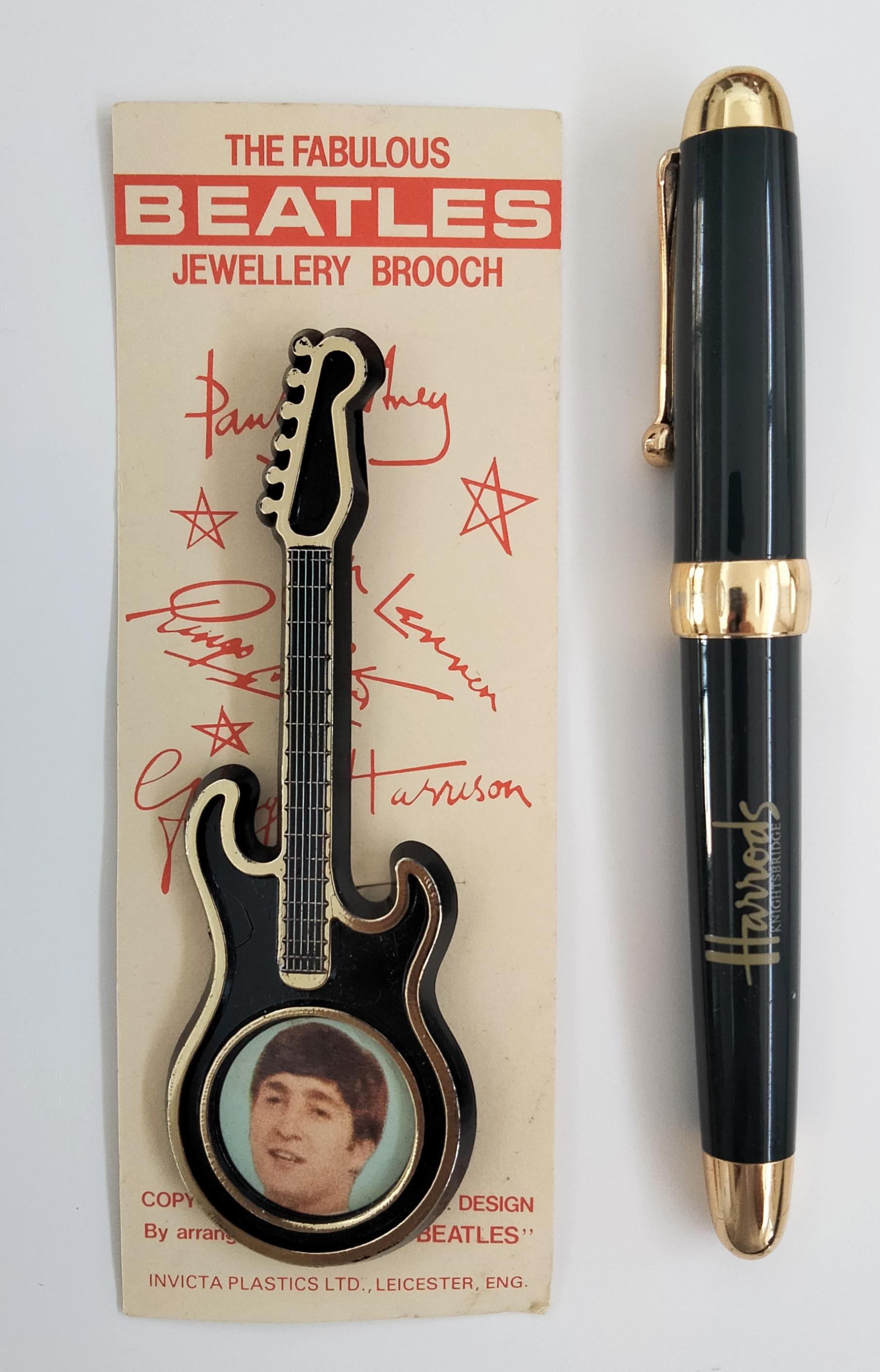 RARE! Vintage Beatles Badge Plastic Guitar Brooch Pin