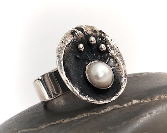 Modernist Brutalist 925 Sterling Silver Pearl Ring Denmark Mid Century Design Swedish Danish Unisex Gifts For Her Birthday Gifts Film Props