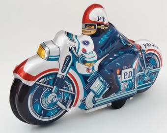 Vintage Tinplate POLICE Motorcycle 22cm Highway Patrol Police Vintage Toys Friction Motorbike Japanese Tin Toy Birthday Gifts Film Props