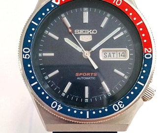 Video* Vintage Seiko Pepsi "SEIKO 5 SPORTS AUTOMATIC" 6309 Day-Date Gent's Wristwatch 38mm Watch Blue & Red Strap Birthday Gift Sports Watch