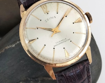 VIDEO* Herren Vintage &quot;ZEINA&quot; 17 Jewels 1960er Stoßsicheres Schweizer Uhrwerk Mechanische Handaufzug 18k Vergoldet Armbanduhr Geburtstagsgeschenke