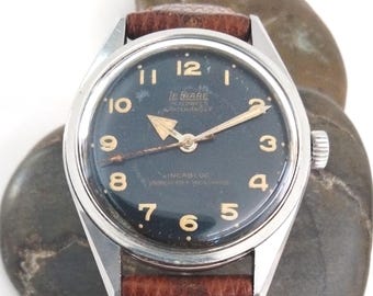 VIDEO* Rare Swiss Vintage "Le Phare" Military Style Field Watch 34mm Steel Case Black Tropical Dial Vintage Man's Gent's Mid Century Watch