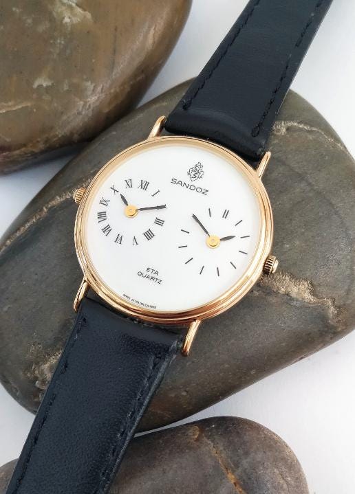 Montre habillée ultra fine vintage suisse « SANDOZ DUAL TIME » 30