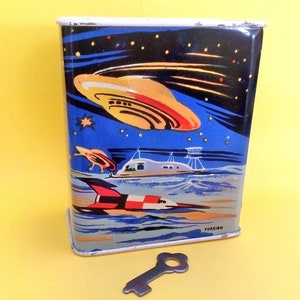 Vintage Tinplate Space Robot Space Rocket Money Box Tin Litho Money Savings Bank Germany 1950's Tinplate Toy