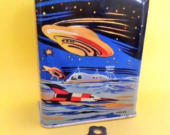 Vintage Tinplate Space Robot Space Rocket Money Box Tin Litho Money Savings Bank Germany 1950&#39;s Tinplate Toy
