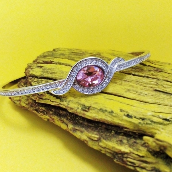 Ladies Swarovski Pink Crystal White Crystal Bangle Bracelet With Box