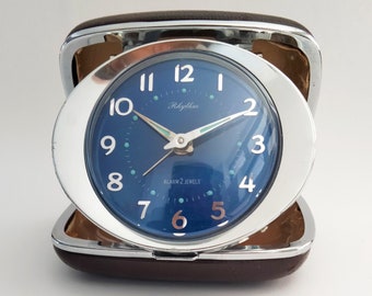 VIDEO* Vintage "Rhythm" Travel Clock Mechanical Folding Alarm Clock Japan Retro Mid Century Birthday Christmas Present Desk Clock Blue Dial