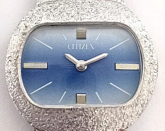 Vídeo* Nuevo stock antiguo Vintage Caja "CITIZEN" TV Reloj de pulsera para mujer Acero inoxidable Esfera plateada/azul Japón Regalos de cumpleaños