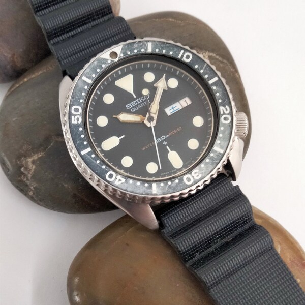 VIDEO* Vintage "SEIKO 150M" Quartz Diver 7548 Day/Date 1970's Black Dial Ghost Bezel Dive Watch Wristwatch Japan Birthday Gifts men's Gifts