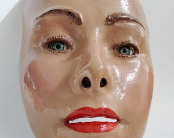 Vintage Human Female Face Mask Fibre Glass Real Glass Eyes Studio Film Theatre Medical Optical Store Display Film Props Retro Decor Wall Art