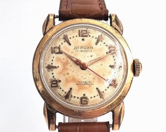 VIDEO* Vintage Swiss "GIROXA" 17 Jewel 1950's Tropical Dial Wristwatch Gold Plated Vintage Man's Timepiece Gent's Birthday Gifts