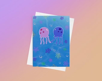 Tarjeta de felicitación de medusas, tarjeta de cumpleaños divertida, tarjeta de criatura marina, regalo para un fan de dibujos animados