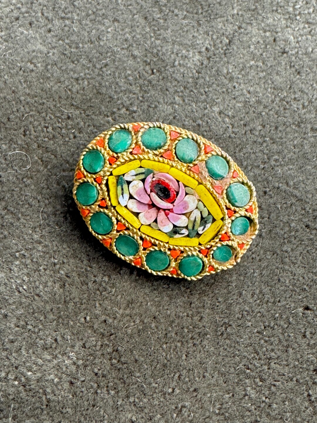 Broche Vintage Argentée Florentine - Métal Alpacca Et Verre - Occasion - Bijou Ancien