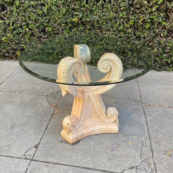 Neoclassical Carved Marble Dining Table with Glass Top