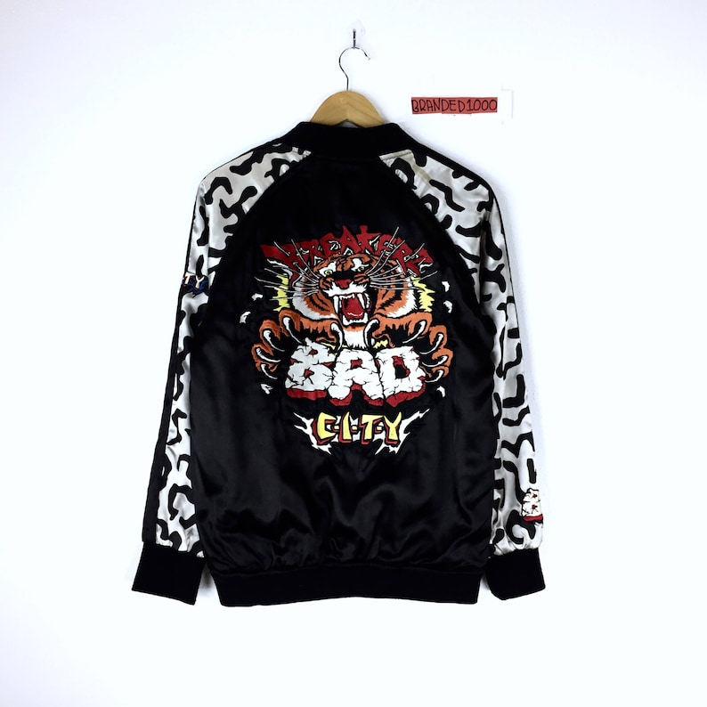 Vintage Tiger Sukajan Zipper Embroidery Bad City Dragon Japanese Souvenirs Bomber Jacket Tiger Cherry Blossom Carp koi fish Medium Rare!!