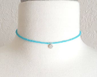 Tiny Turquoise Bead Circle Drop Choker,Turquoise Bead Choker,Tiny Circle Drop Choker,Turquoise Choker,Single Bead Choker,Circle Charm Choker