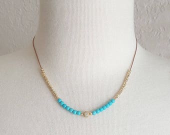 Turquoise Beads Necklace,Turquoise Bead Choker,Gold Bead Necklace,Bead Necklace,Turquoise Boho Necklace,Boho Necklace,Gold Beads Choker