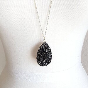 Tear Drop Bead Pendant Necklace, Black Beads Tear Drop Necklace, Beaded Tear Drop Long Necklace, Long Layer Necklace, Gold Dew Drop Necklace