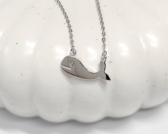 Whale with Cubic Necklace, White Gold Dipped CZ Necklace, Minimalist Necklace, Cubic Zirconia Necklace, Dainty Necklace, Layering necklace