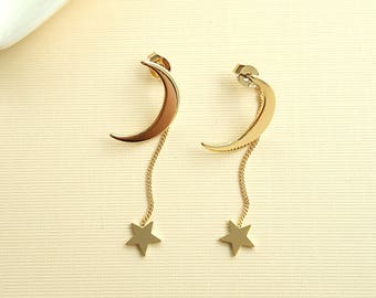 Crescent Moon Star Ear Jacket Earrings,Moon Star Dangle Earrings,Moon Star Earring,Geo Star Earring,Cosmo Earring,Geo Moon Star Drop Earring