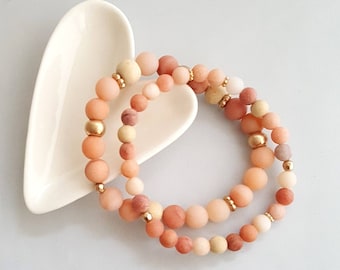 Peach Marble Bead Bracelet Set: Boho Stone Bracelets