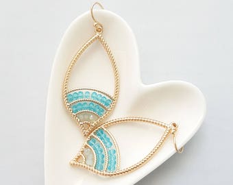 Turquoise Beaded Oval Gold Dangle Earrings,Bead Boho Earrings,Tribal Dangle Earrings,Gold Boho Earrings,Boho Dangle Earrings,Tribal Earrings