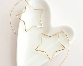 Geo Star Threader Earrings,Gold Star Hoop Earring,Star Hoop Earring,Star Earring,Geo Star Hoop Earring,Gold Star Threader,Minimalist Earring