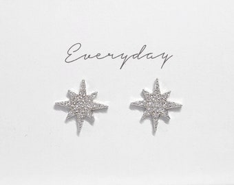 Paved 925 Sterling Silver Starburst Stud Earrings,Sterling Silver Starburst Earring,Paved Starburst Earring, CZ Star Earrings,Star Earrings