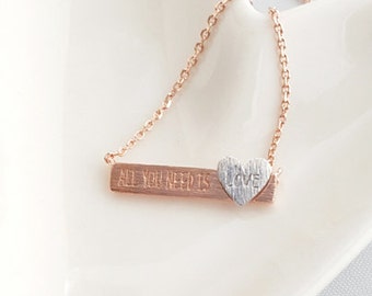 3D Heart with Rose Gold Bar Necklace,Plated Rose Gold Bar Necklace,Bar with Heart Necklace,Minimalist Necklace,Bar Necklace,Dainty Necklace,